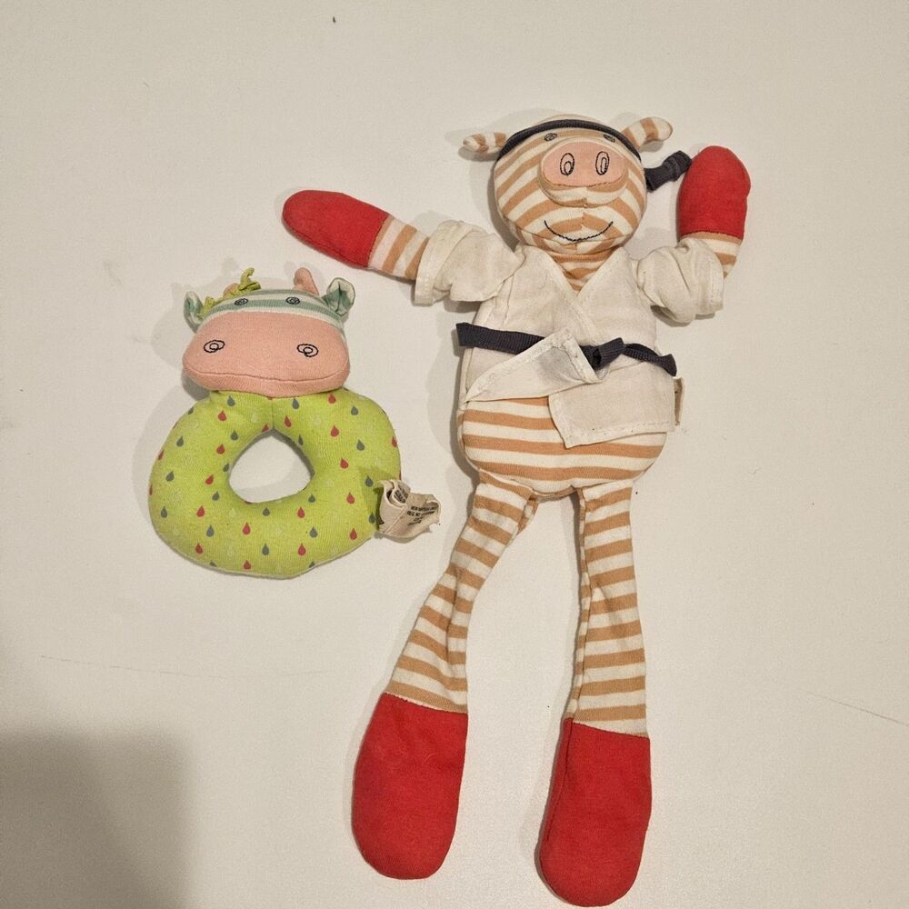 Organic Farm Buddies Cotton Plush Belle Cow and Karate Pig Rattle Toys